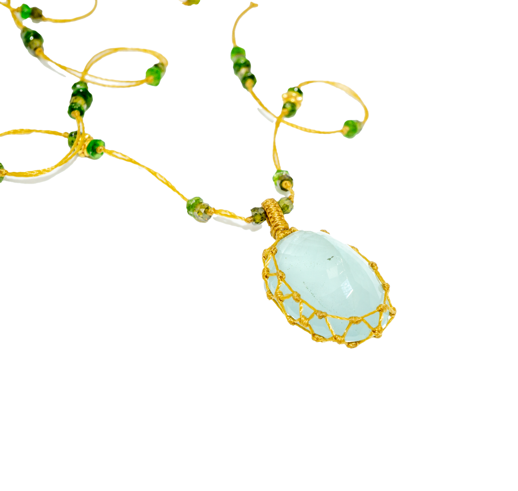So Precious Short Tibetan Necklace - Aquamarine - Mix Tsavorite - Beige Thread