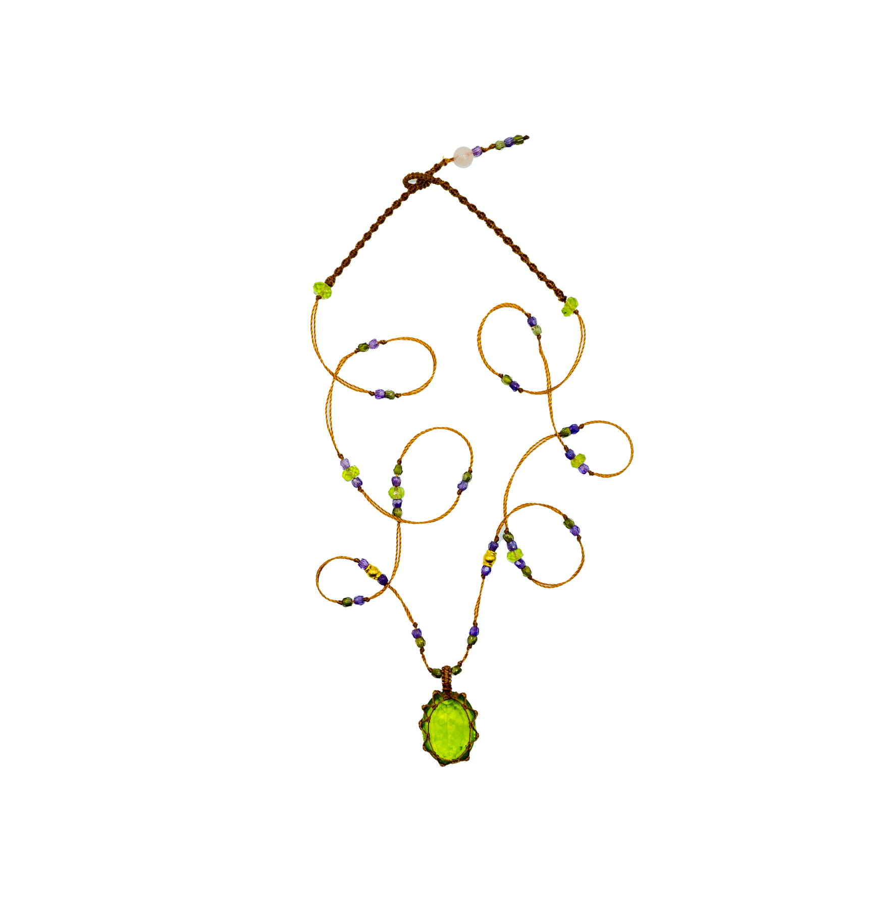 So Precious Short Tibetan Necklace - Peridot - Mix Peridot - Beige Thread