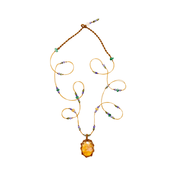So Precious Collier Court Tibétain - Glassfilled Jaune - Mix Tsavorite - Fil Tabac