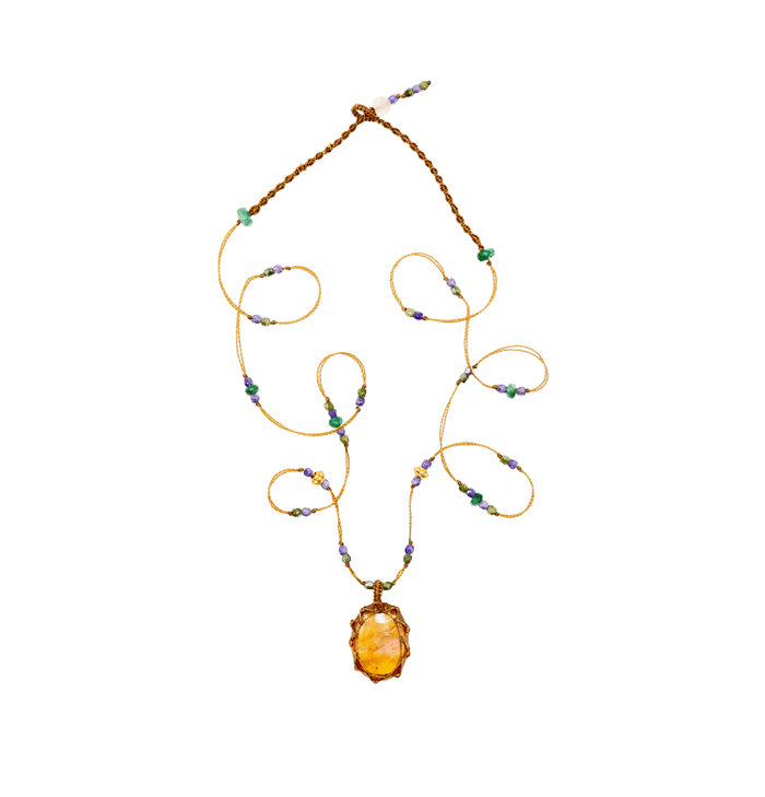 So Precious Collier Court Tibétain - Glassfilled Jaune - Mix Tsavorite - Fil Tabac