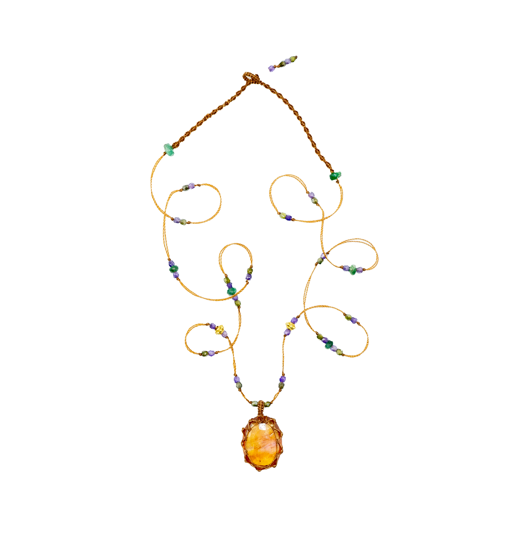 So Precious Tibetan Short Necklace - Yellow Glassfilled - Emerald Mix - Tobacco Thread