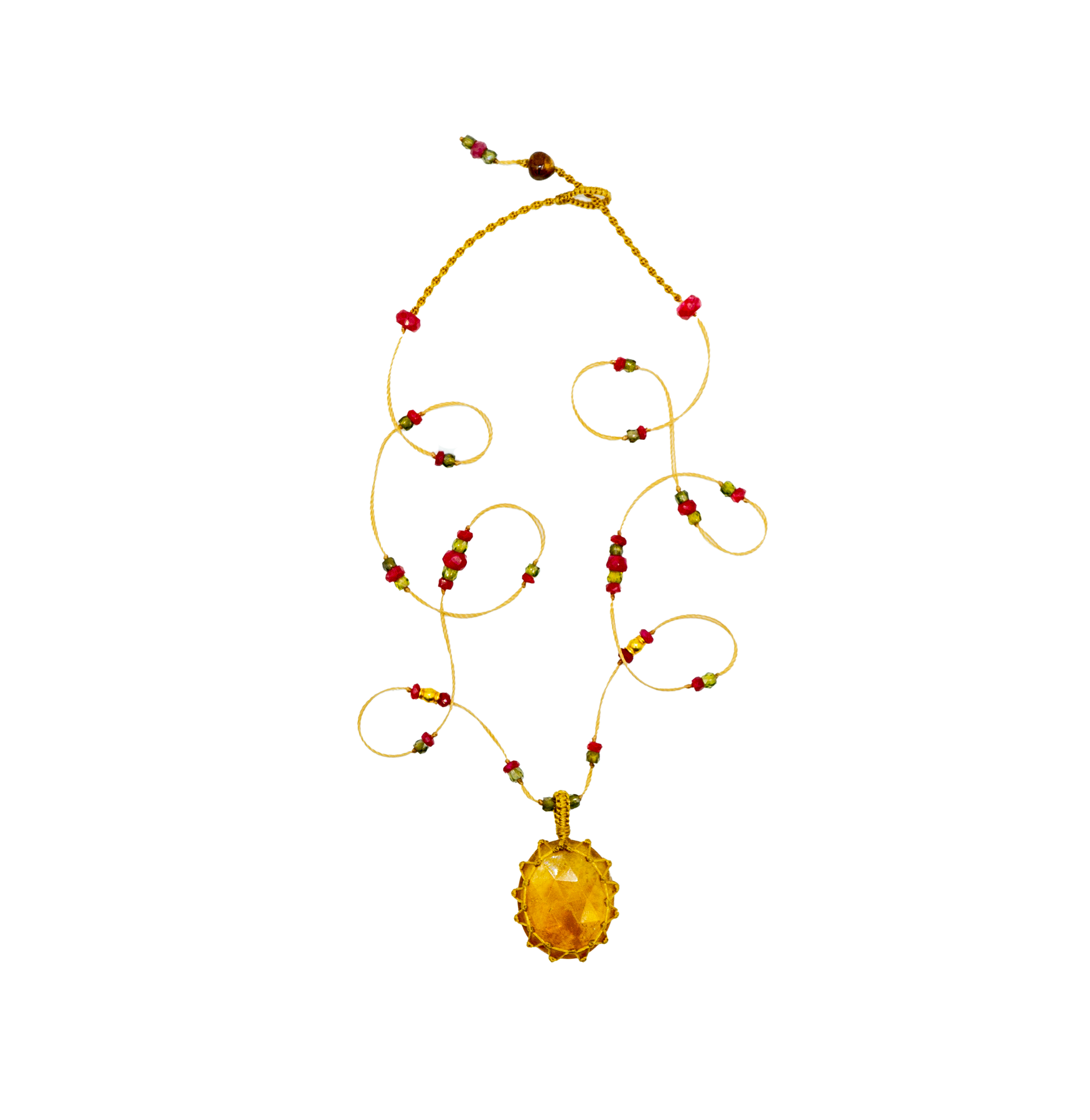 So Precious Short Tibetan Necklace - Yellow Glassfilled - Mix Ruby - Beige Thread