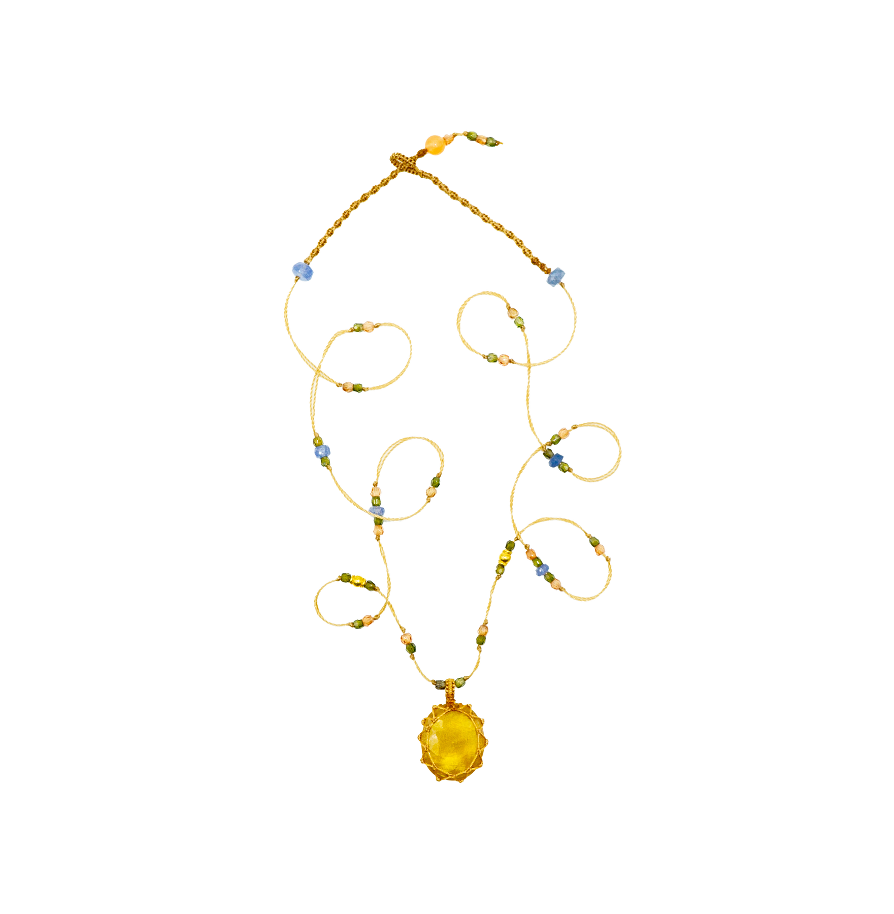 So Precious Tibetan Short Necklace - Yellow Glassfilled - Mix Sapphire - Beige Thread