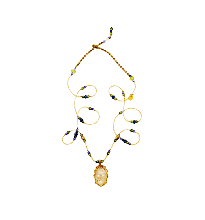 So Precious Necklace - Short Tibetan - Pale Pink Glass Filled - Sapphire Mix - Beige Thread