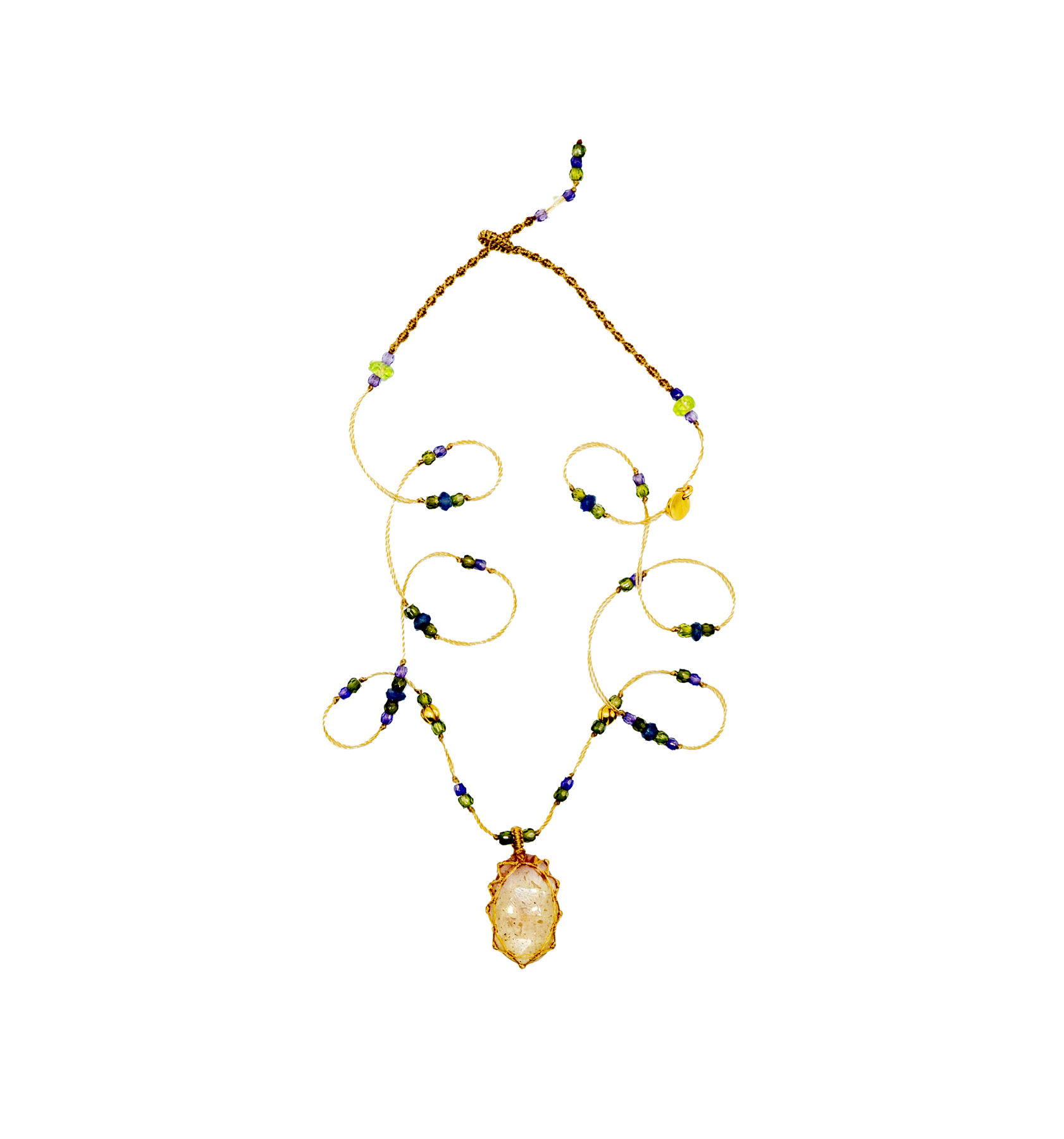 So Precious Tibetan Short Necklace - Pale Pink Yellow Glassfilled - Sapphire Mix - Beige Thread