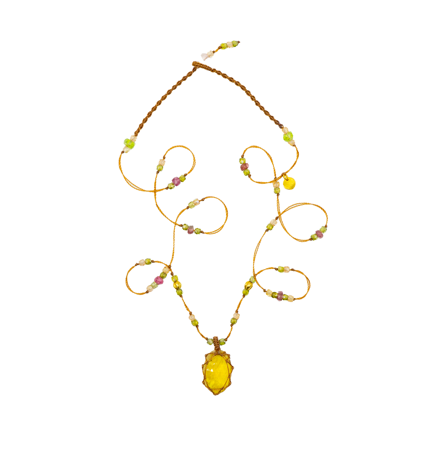 So Precious Short Tibetan Necklace - Yellow Glassfilled - Mix Pink Tourmaline - Tobacco Thread