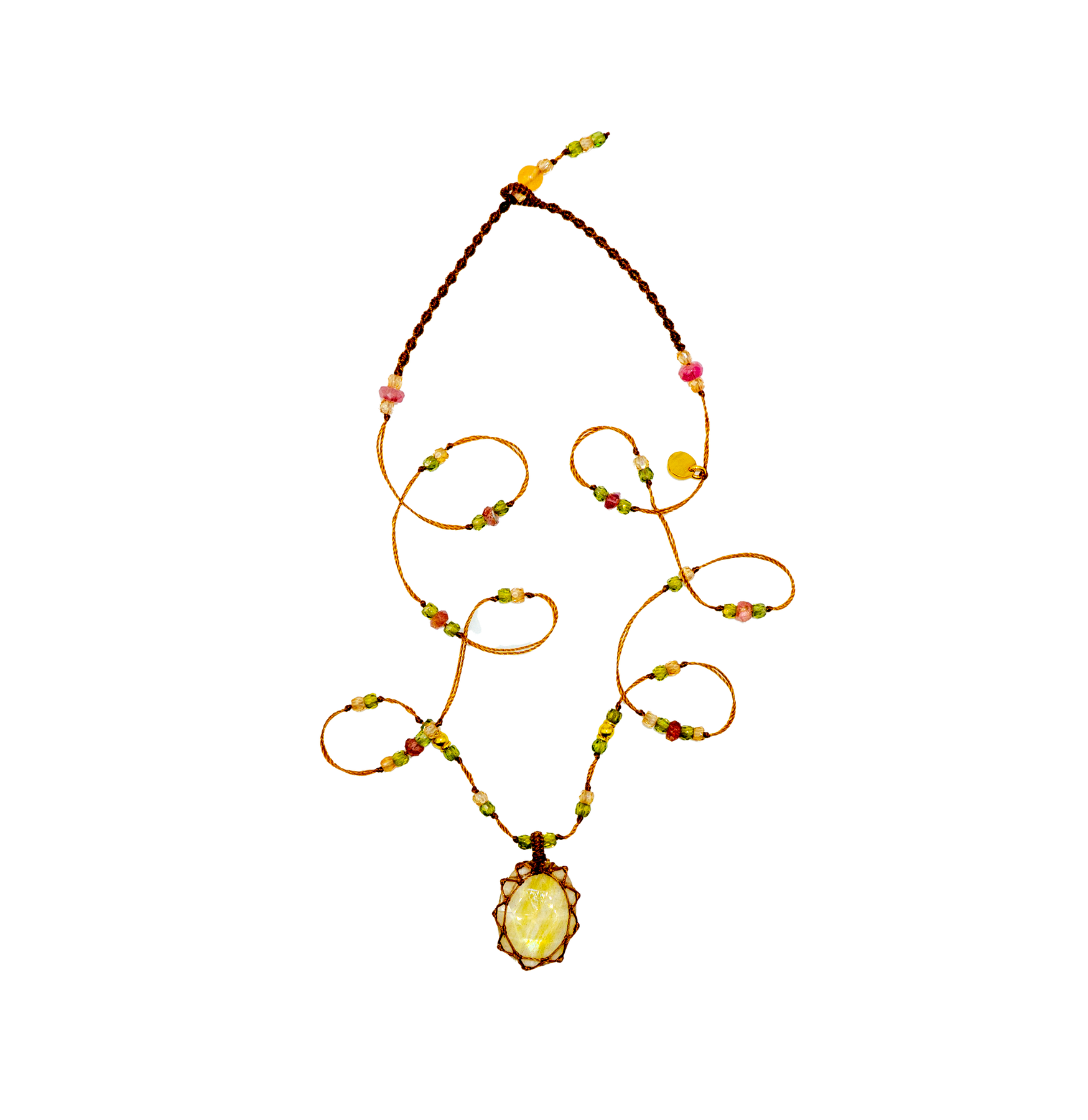 So Precious Short Tibetan Necklace - Yellow Glassfilled - Mix Pink Tourmaline - Tobacco Thread