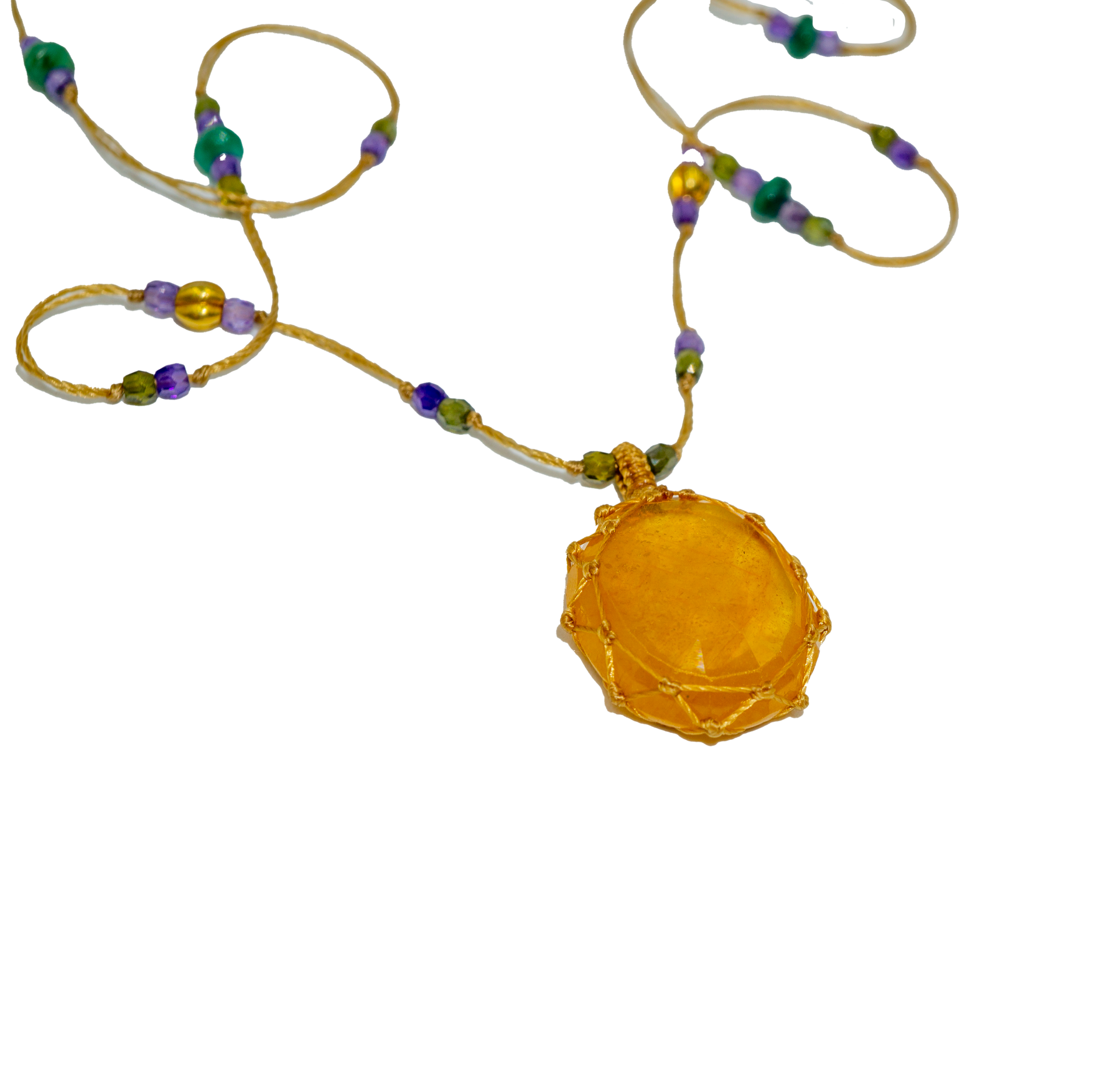 So Precious Tibetan Short Necklace - Yellow Glassfilled - Emerald Mix - Beige Thread