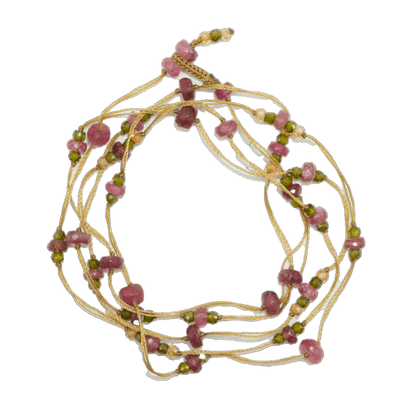 Collier & Bracelet Laly Duo - Tourmaline Rose & Henne - Fil Beige