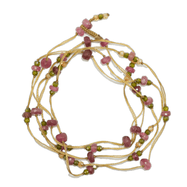 Collier & Bracelet Laly Duo - Tourmaline Rose & Henne - Fil Beige