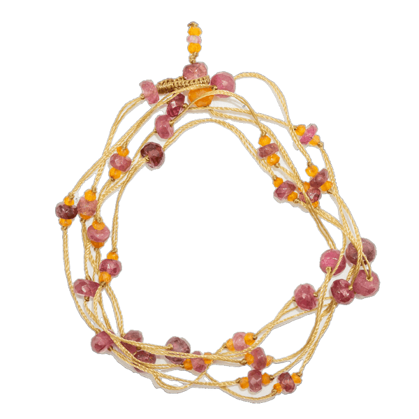 Collier & Bracelet Laly Duo - Cornaline & Tourmaline Rose - Fil Beige
