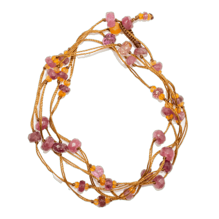 Collier & Armband Laly Duo - Cornaline & Rosa-Tourmalin - Tabakfarbenes Band