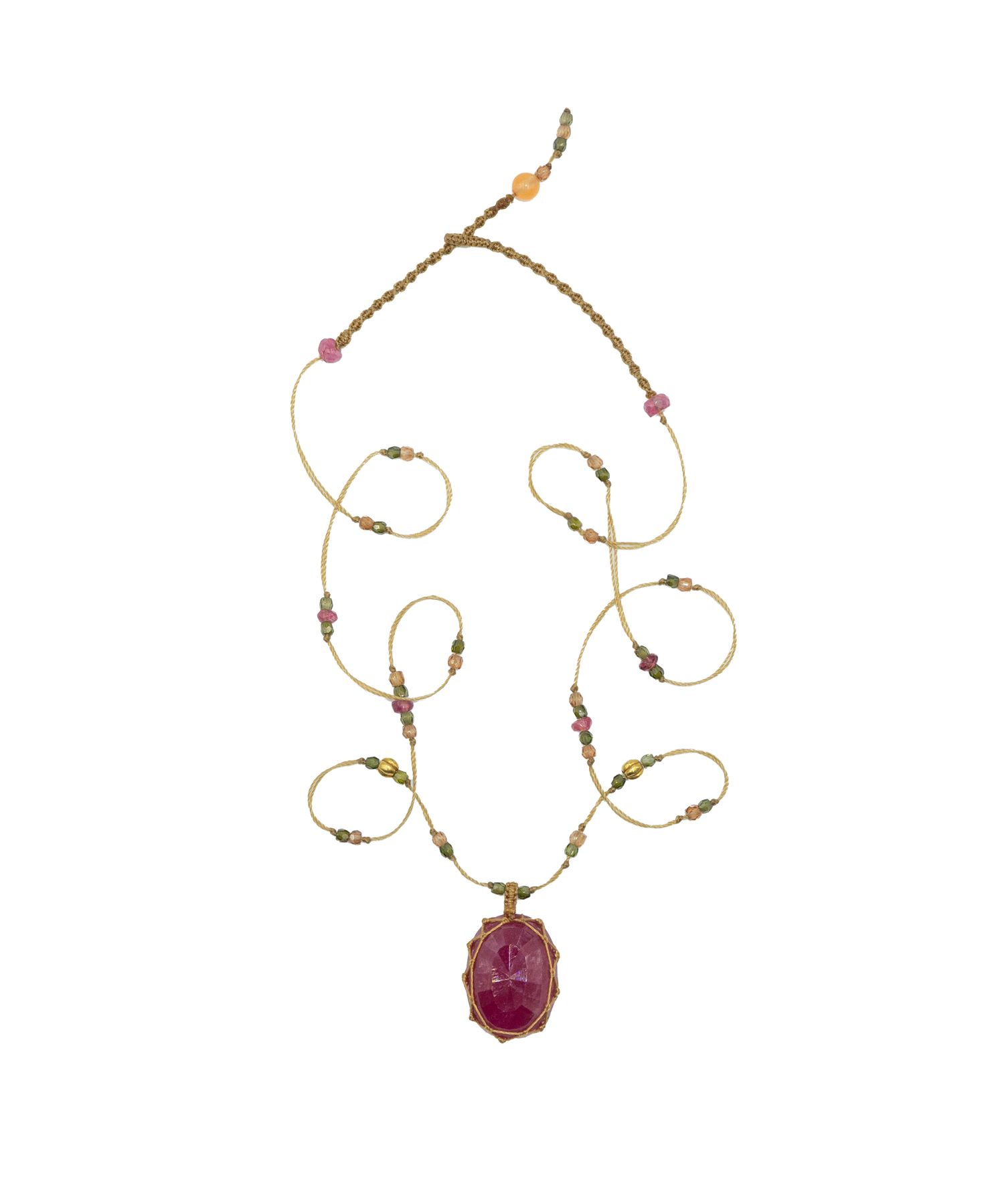 So Precious Short Tibetan Glassfilled Rose Necklace - Mix Pink Tourmaline - Beige Thread