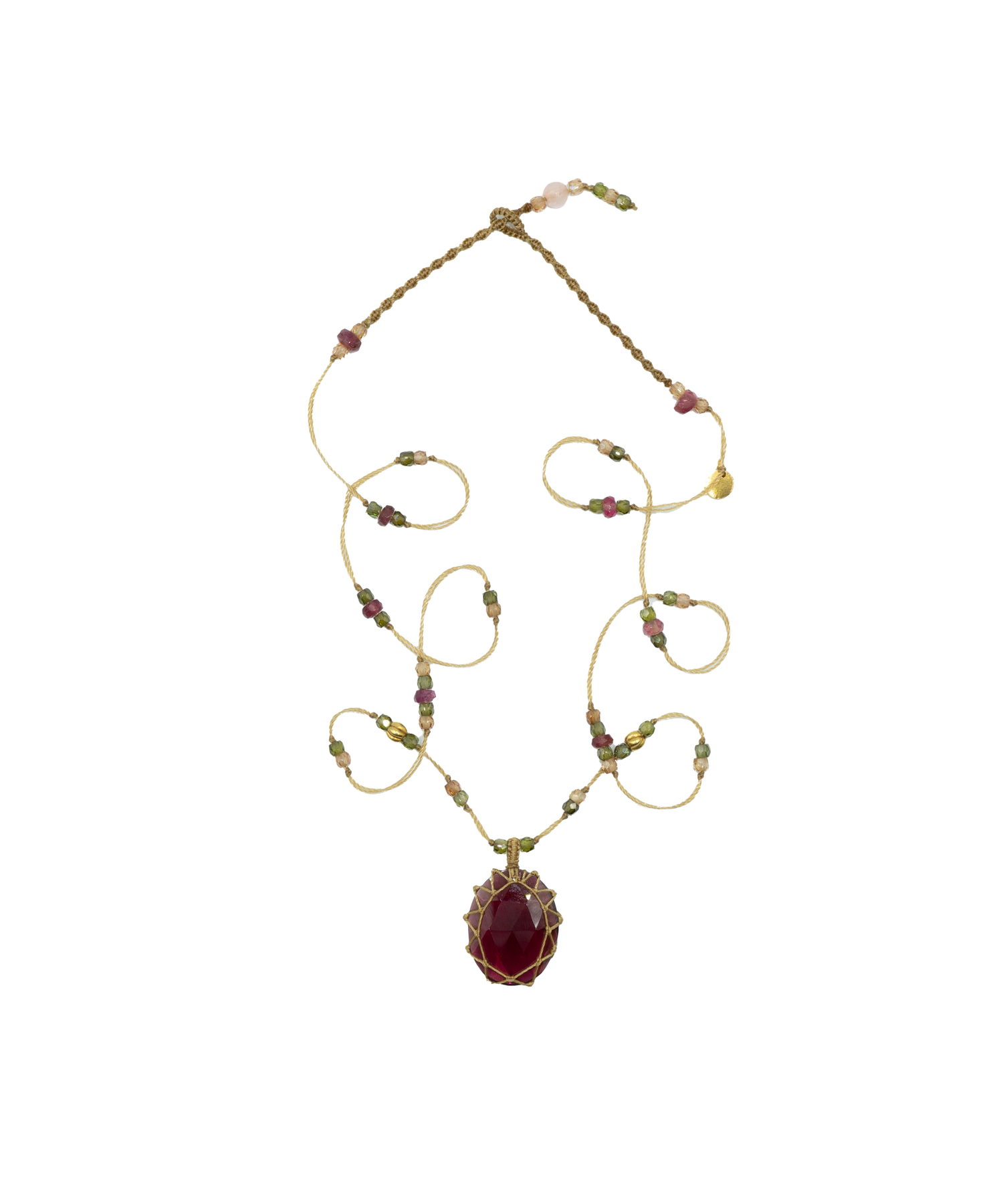 So Precious Short Tibetan Necklace - Red Garnet - Mix Pink Tourmaline - Beige Thread