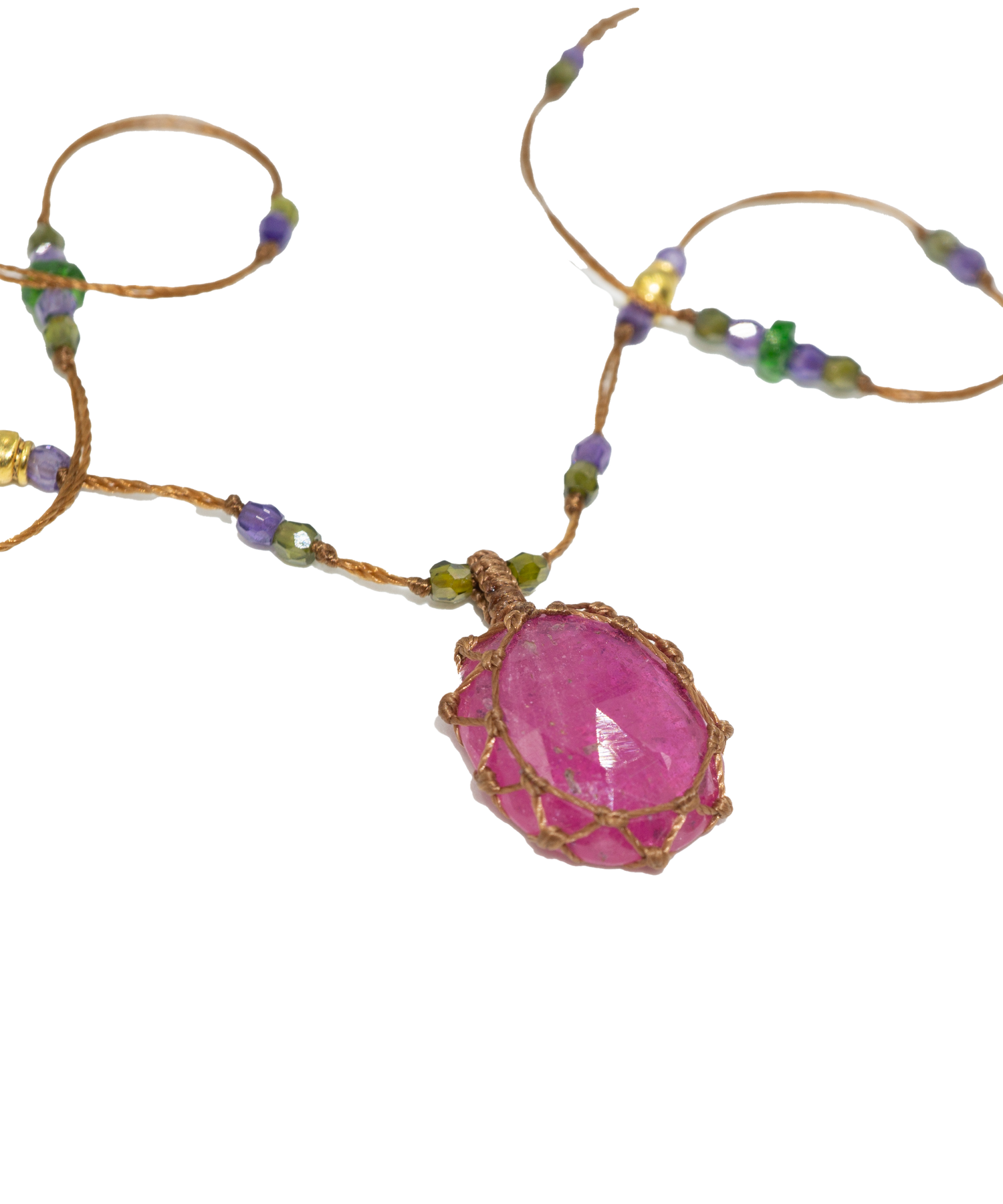 Collana tibetana corta così preziosa - Rosa riempita di vetro - Mix di Tormalina Rosa - Filo di Tabacco