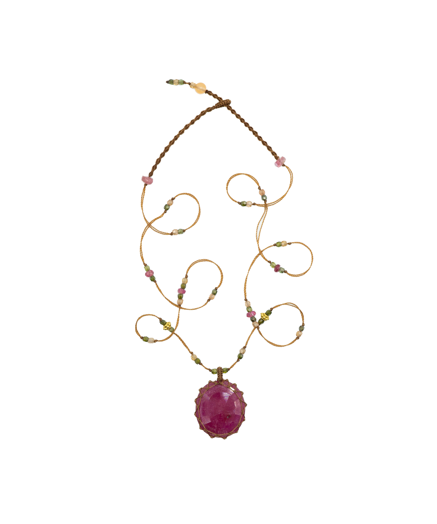 So Precious Tibetan Short Necklace - Red Glassfilled - Mix Pink Tourmaline - Tobacco Thread