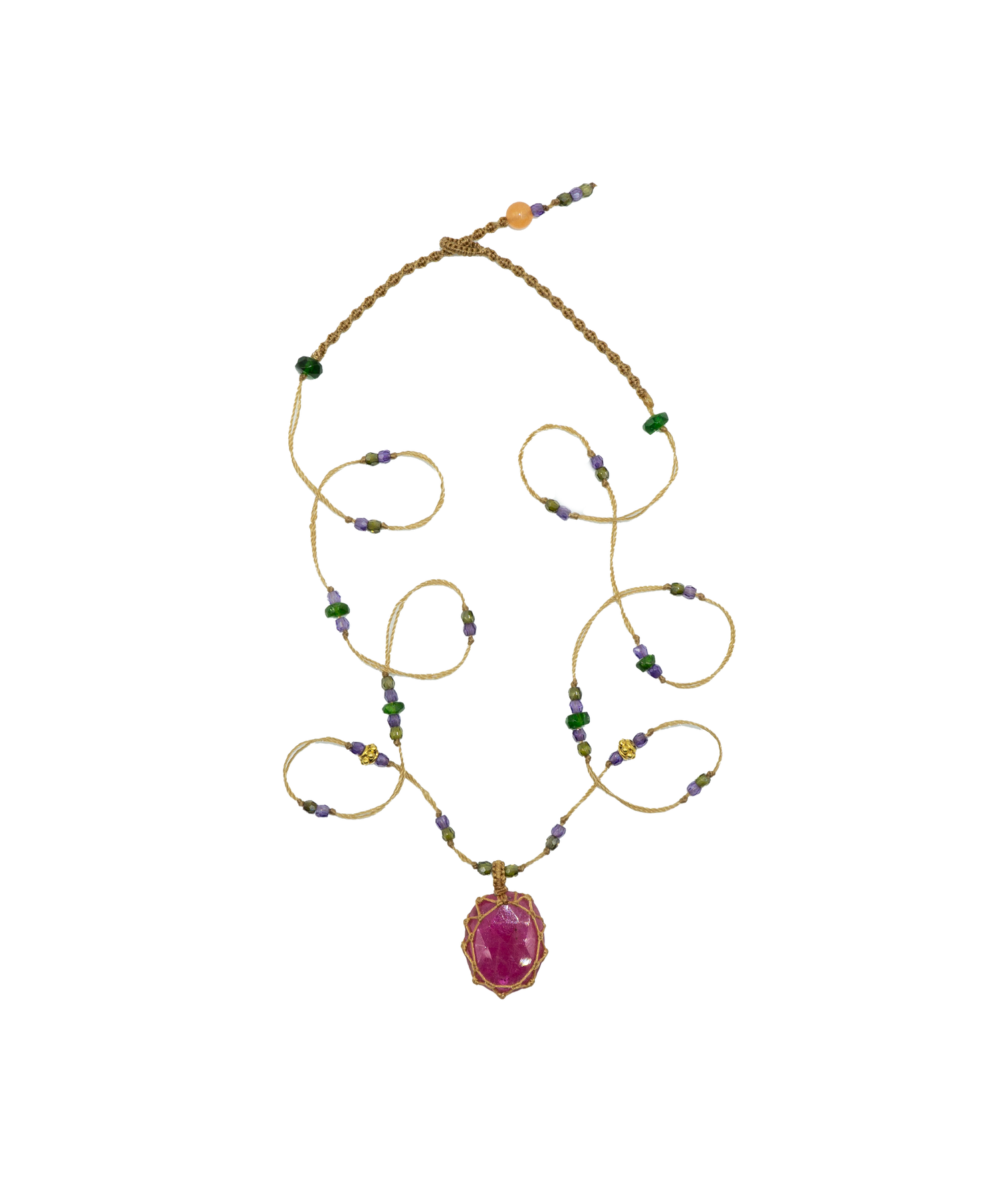 So Precious Short Tibetan Necklace - Glassfilled Rose - Mix Tsavorite - Tobacco Thread