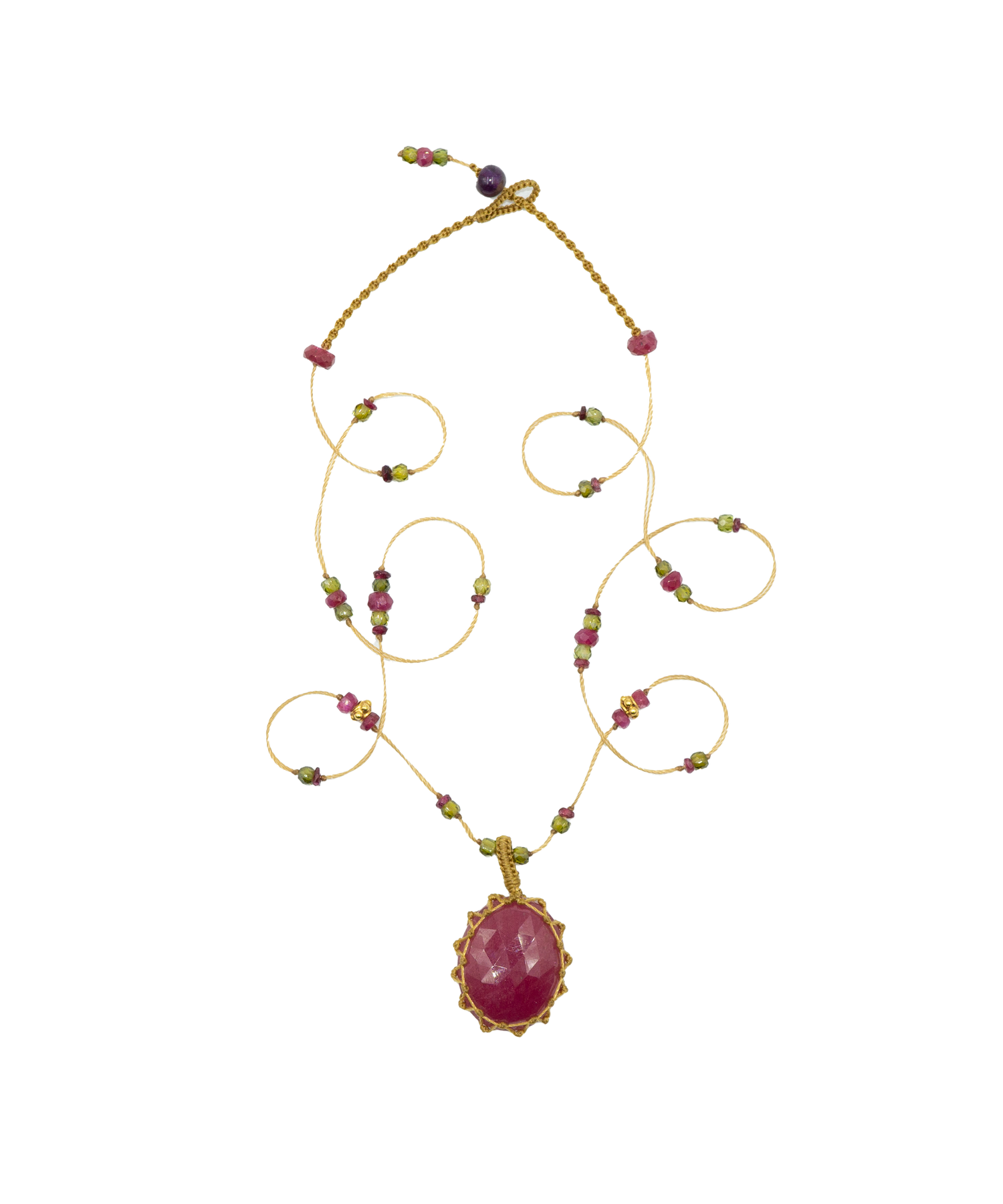 So Precious Short Tibetan Necklace - Pink Corundum - Mix Ruby - Beige Thread
