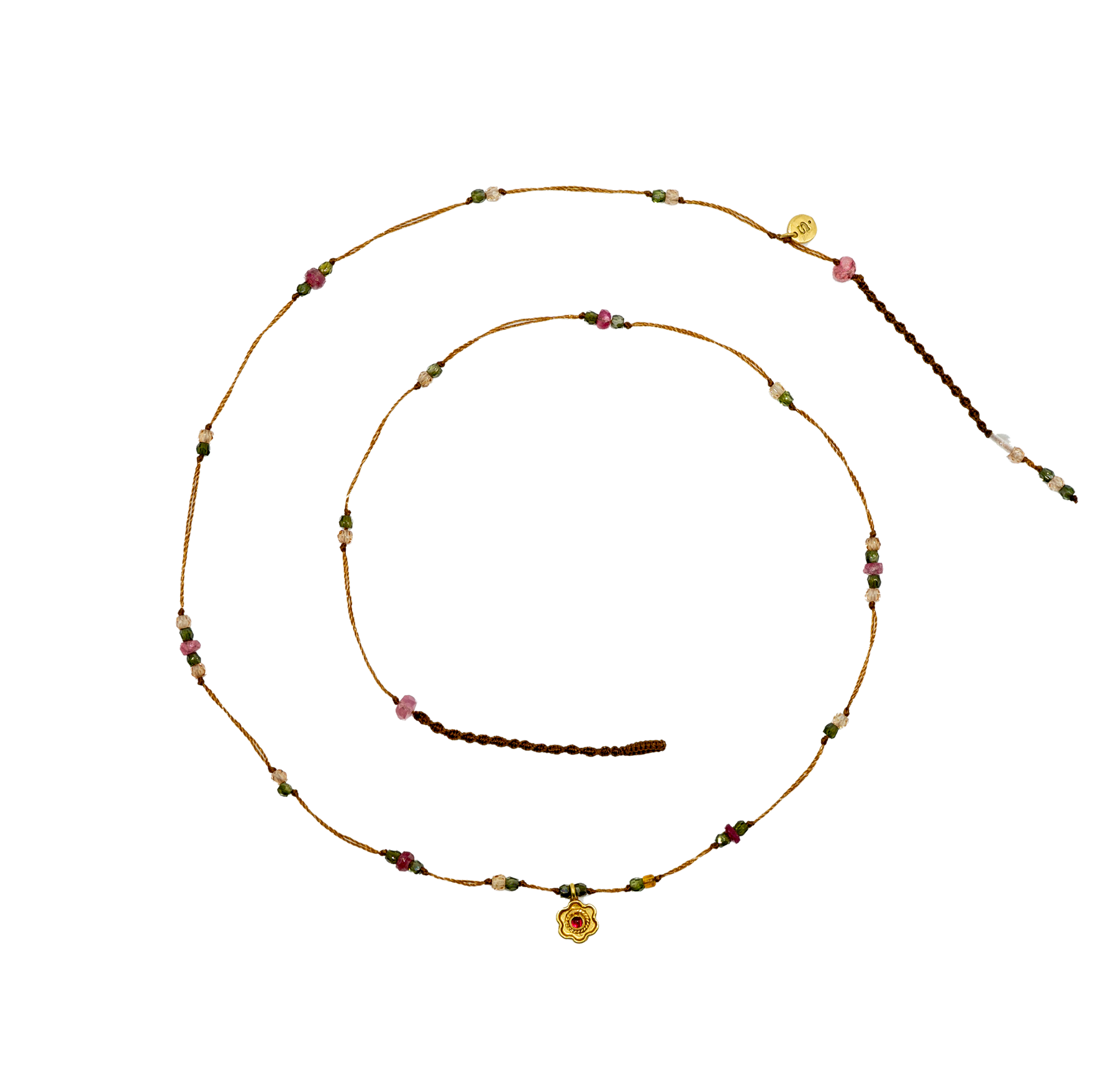 Goldie Flower Necklace - Ruby - Mix Pink Tourmaline - Tobacco Thread