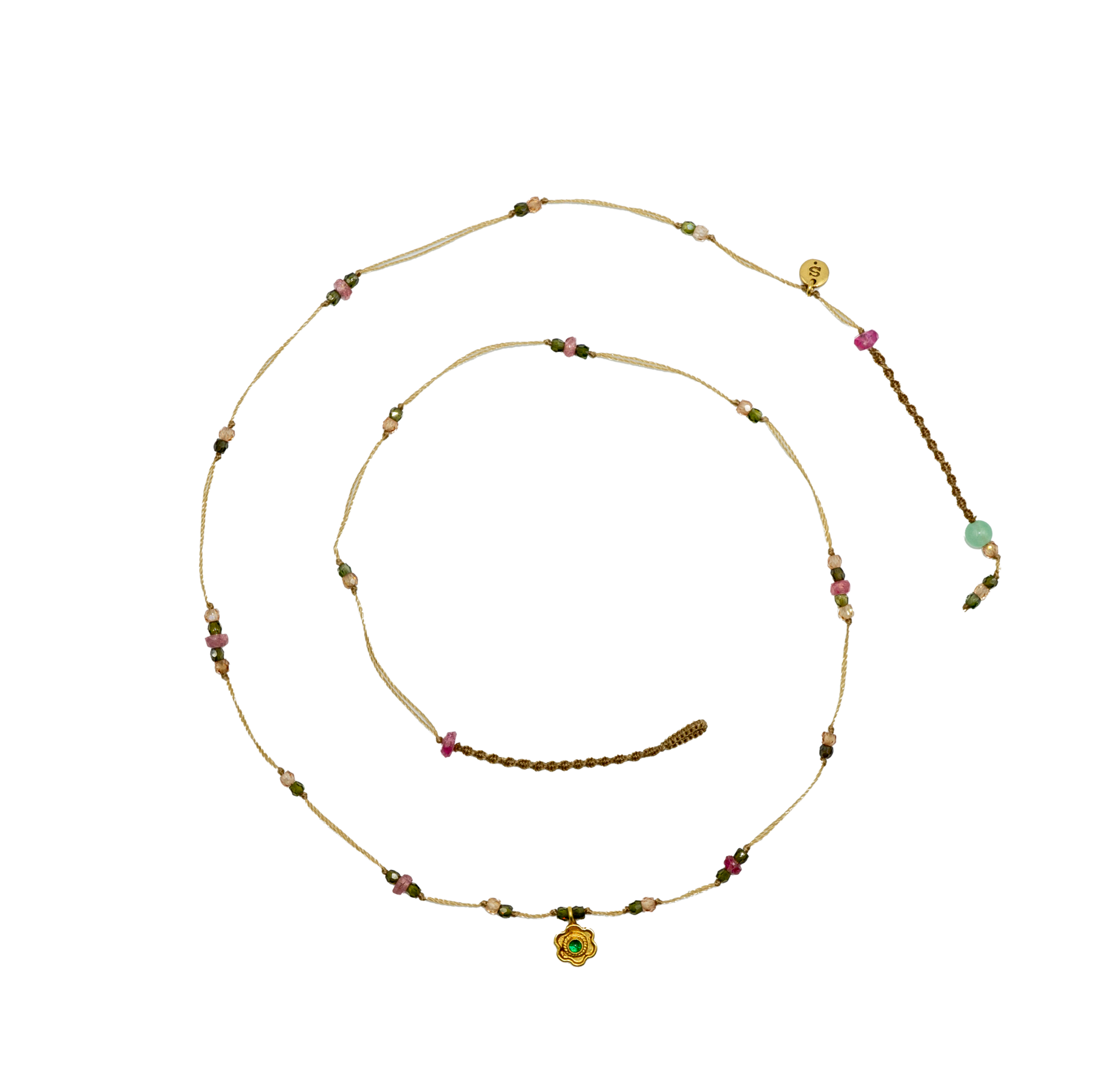 Goldie Flower Necklace - Tsavorite - Mix Pink Tourmaline - Beige Thread