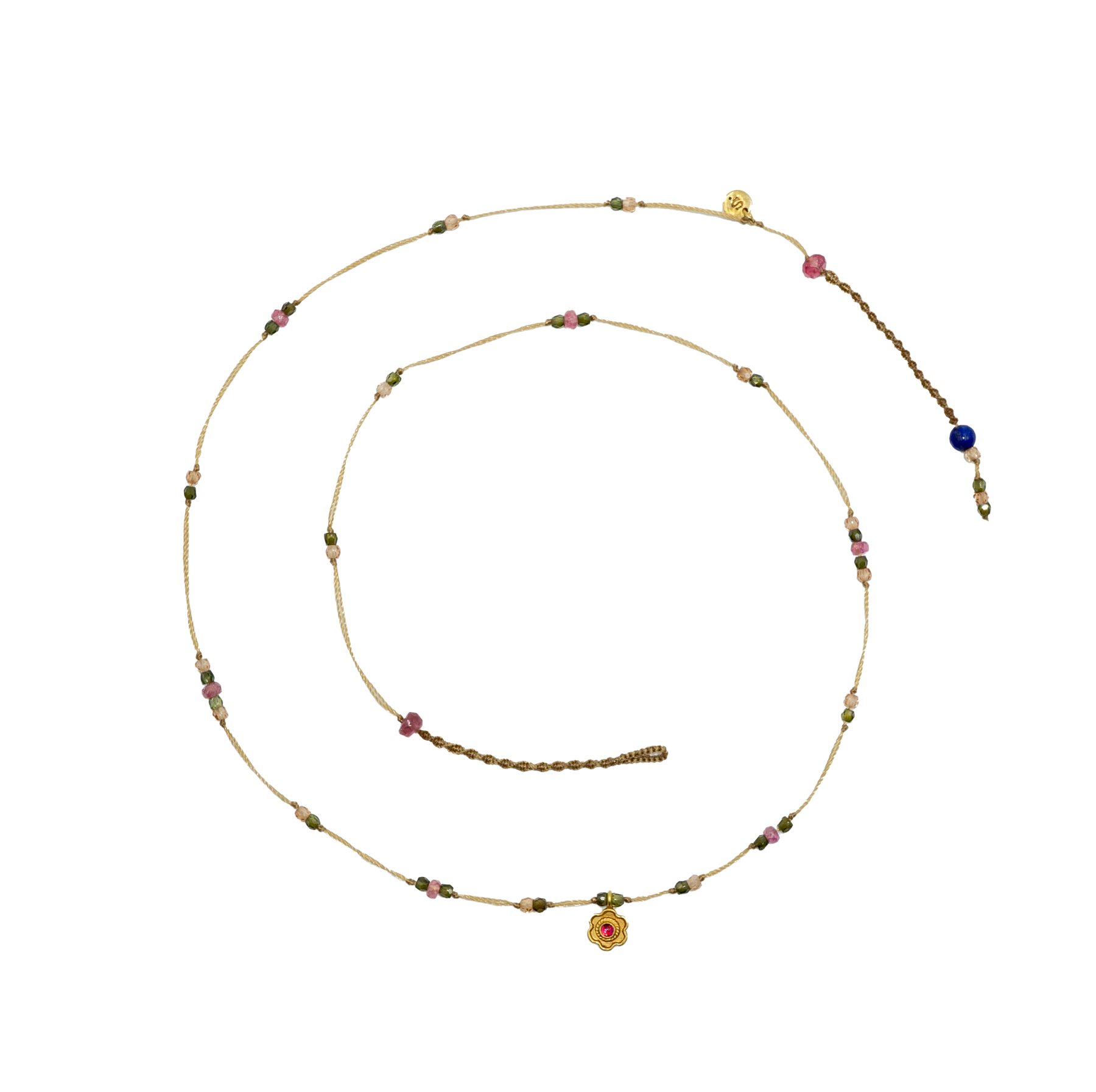 Goldie Flower Necklace - Ruby - Mix Pink Tourmaline - Beige Thread