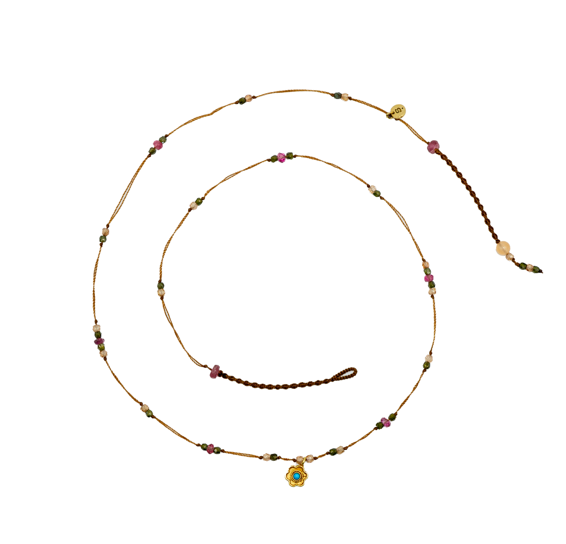 Goldie Flower Necklace - Turquoise - Mix Pink Tourmaline - Tobacco Thread