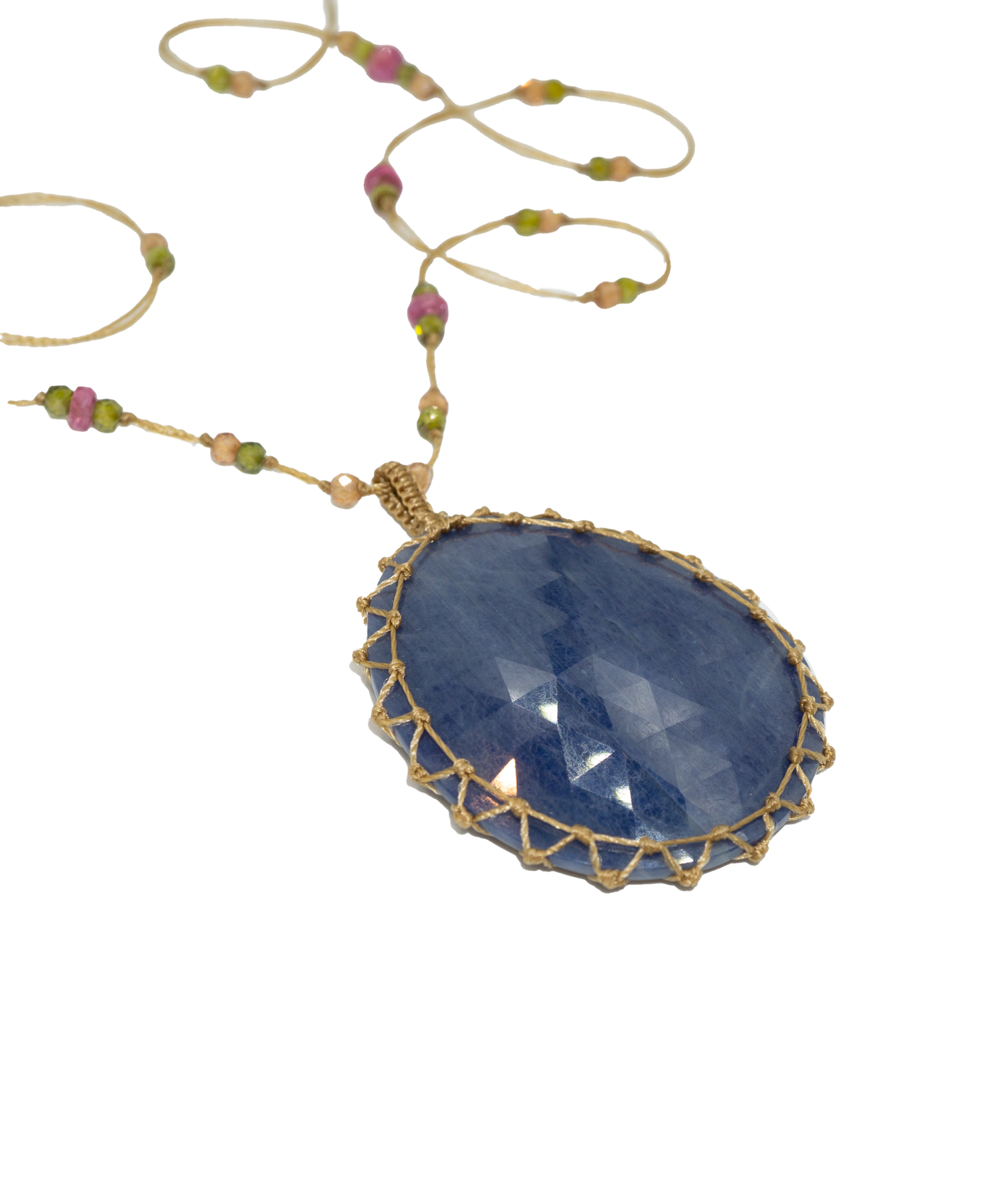 Tibetan Long Necklace - Blue Sapphire - Pink Tourmaline Mix - Tobacco Thread