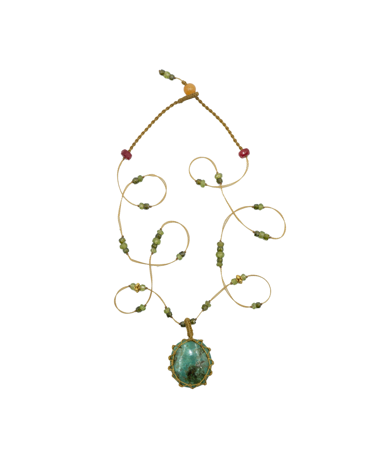 So Precious Short Tibetan Necklace - Emerald - Mix Peridot - Beige Thread