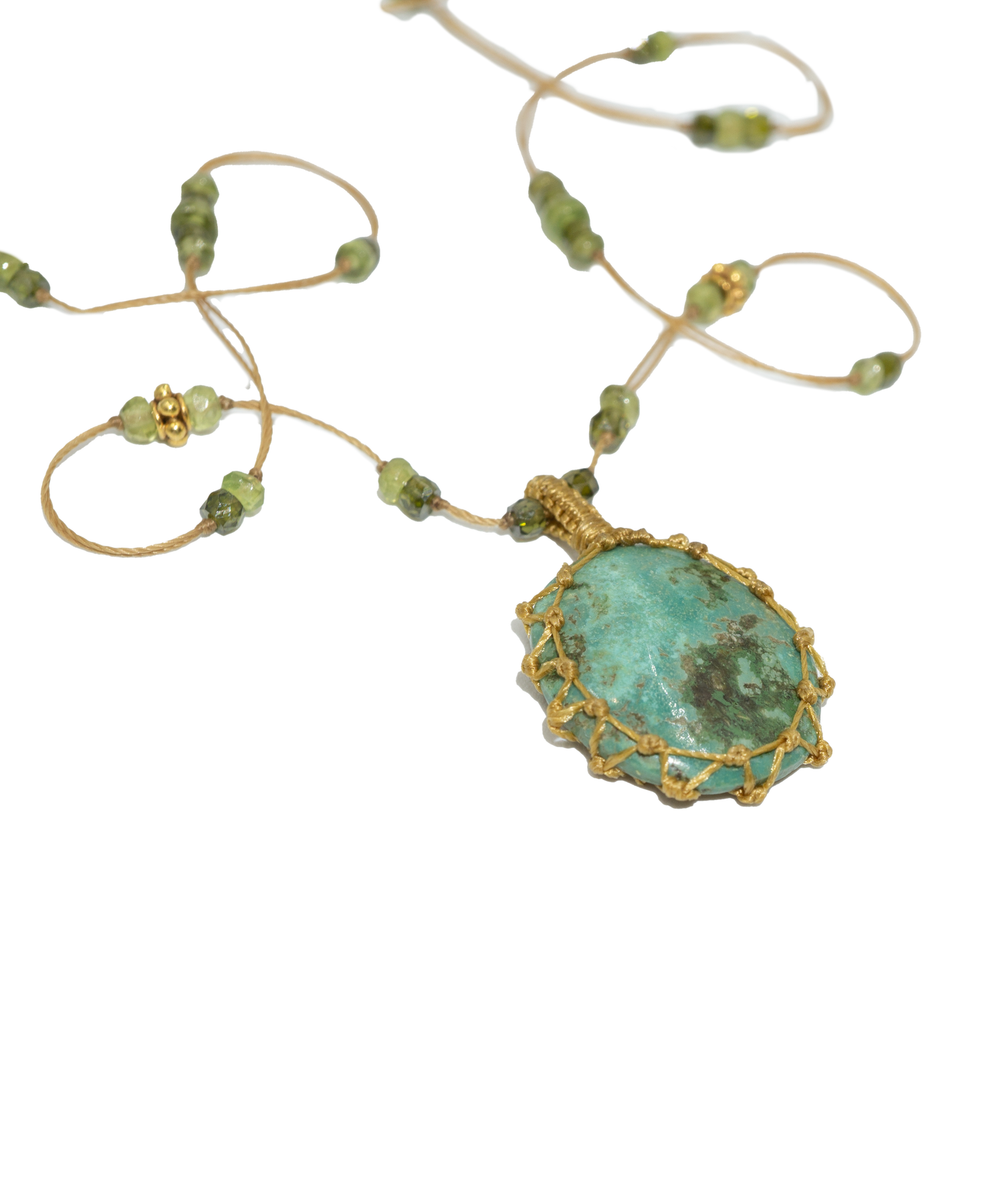 So Precious Short Tibetan Necklace - Emerald - Mix Peridot - Beige Thread