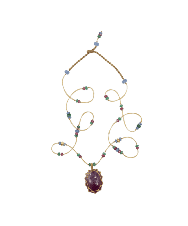 So Precious Collier Court Tibétain - Rubis - Mix Précieux - Fil Beige