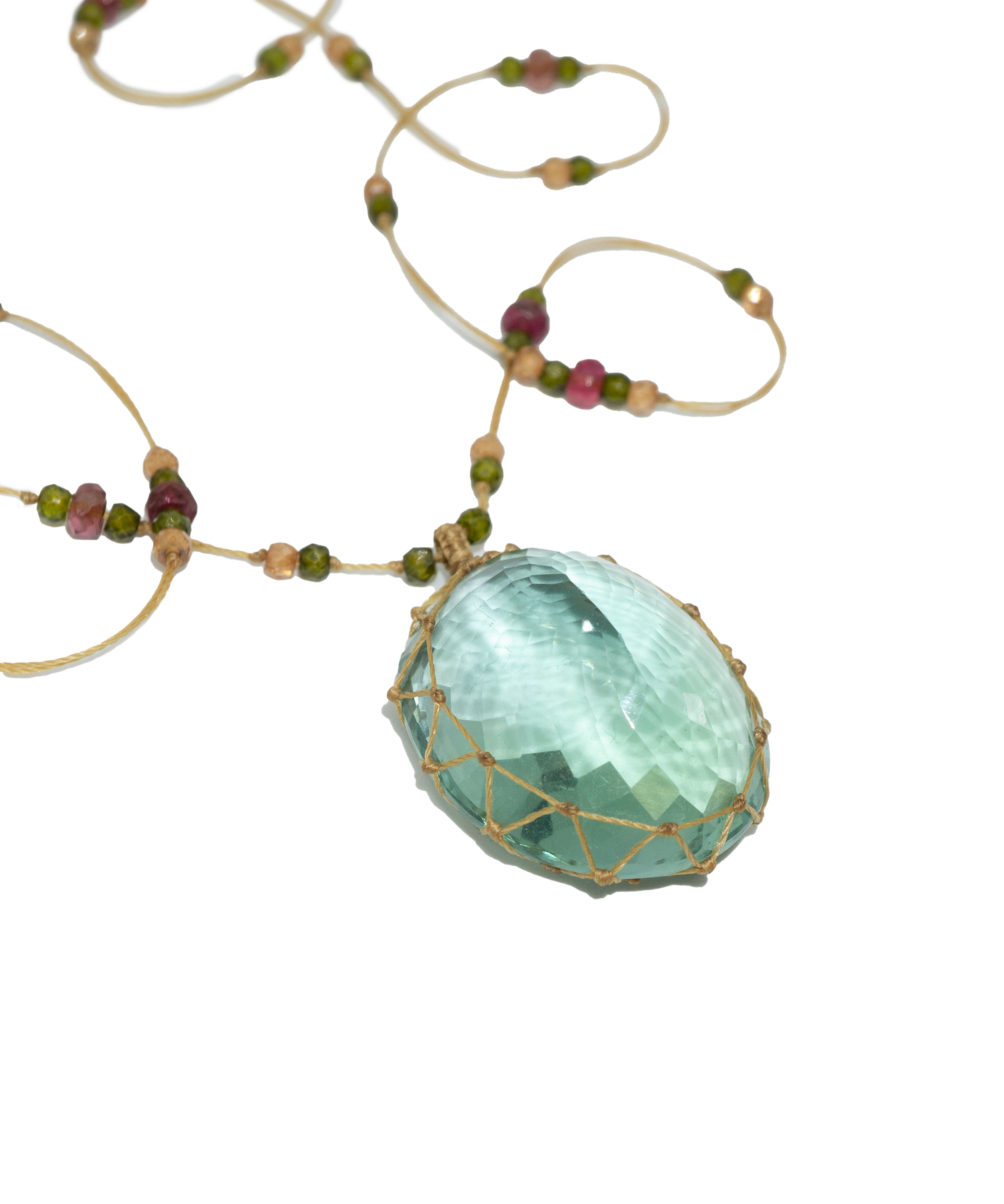 Tibetan Long Necklace - Green Fluorite - Pink Tourmaline Mix - Beige Thread