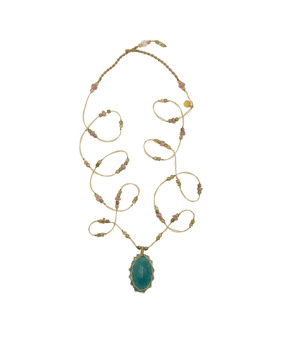 Sautoir Tibétain - Grandidiérite - Mix Tourmaline Rose - Fil Beige