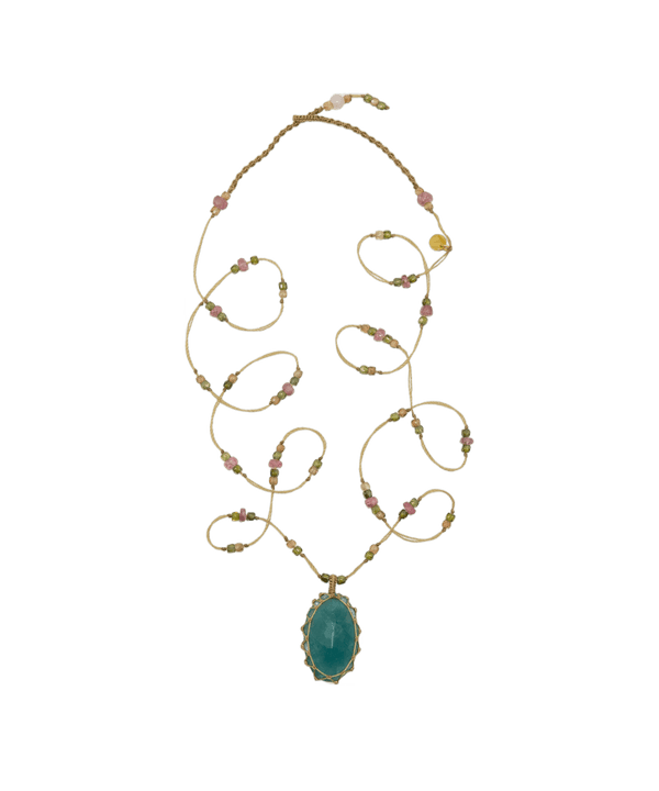 Sautoir Tibétain - Grandidiérite - Mix Tourmaline Rose - Fil Beige