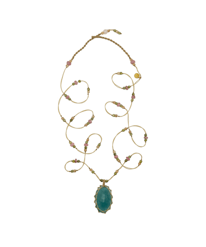 Sautoir Tibétain - Grandidiérit - Mix Tourmaline Rosa - Beiger Faden