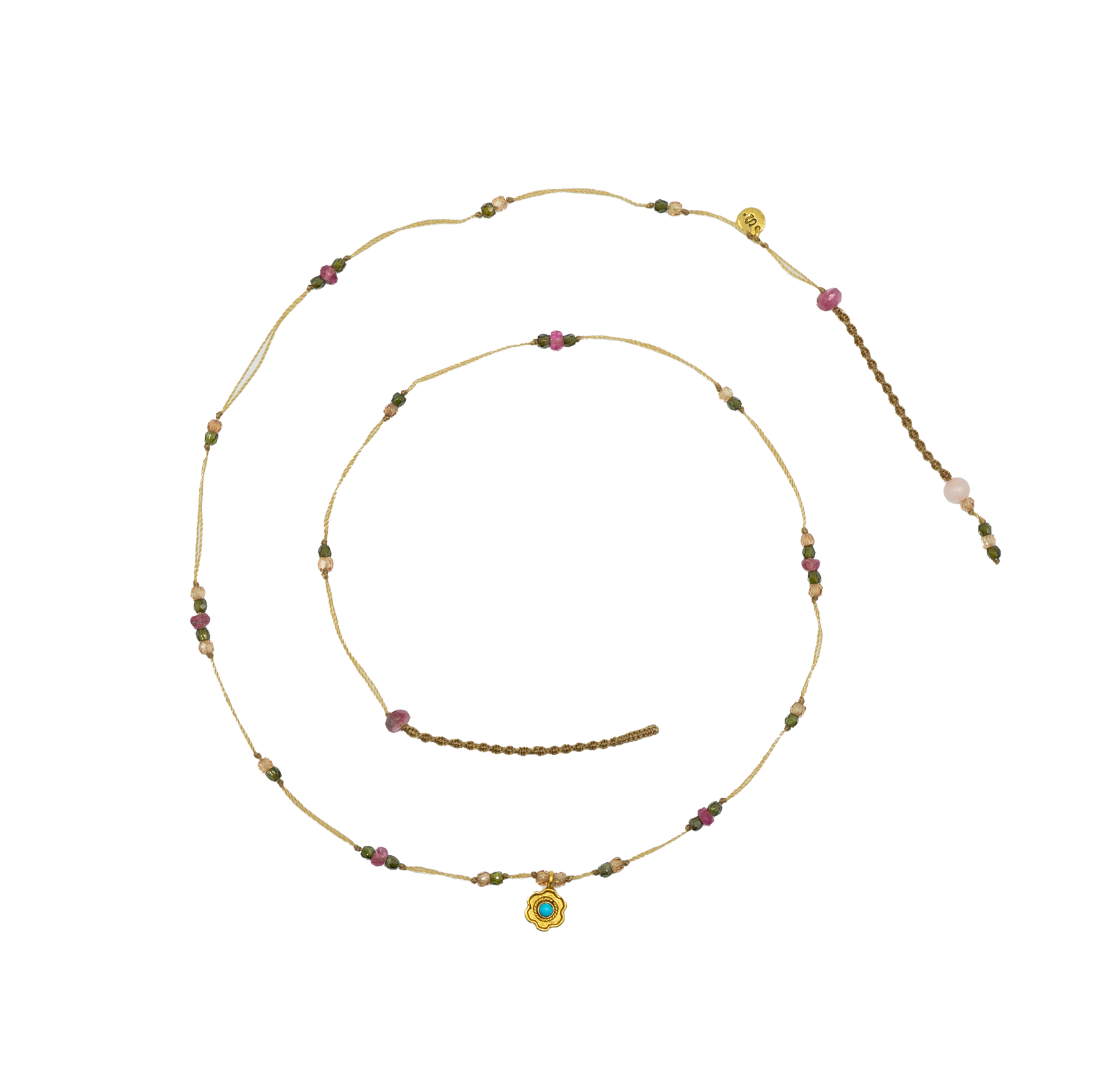 Goldie Flower Necklace - Turquoise - Mix Pink Tourmaline - Beige Thread