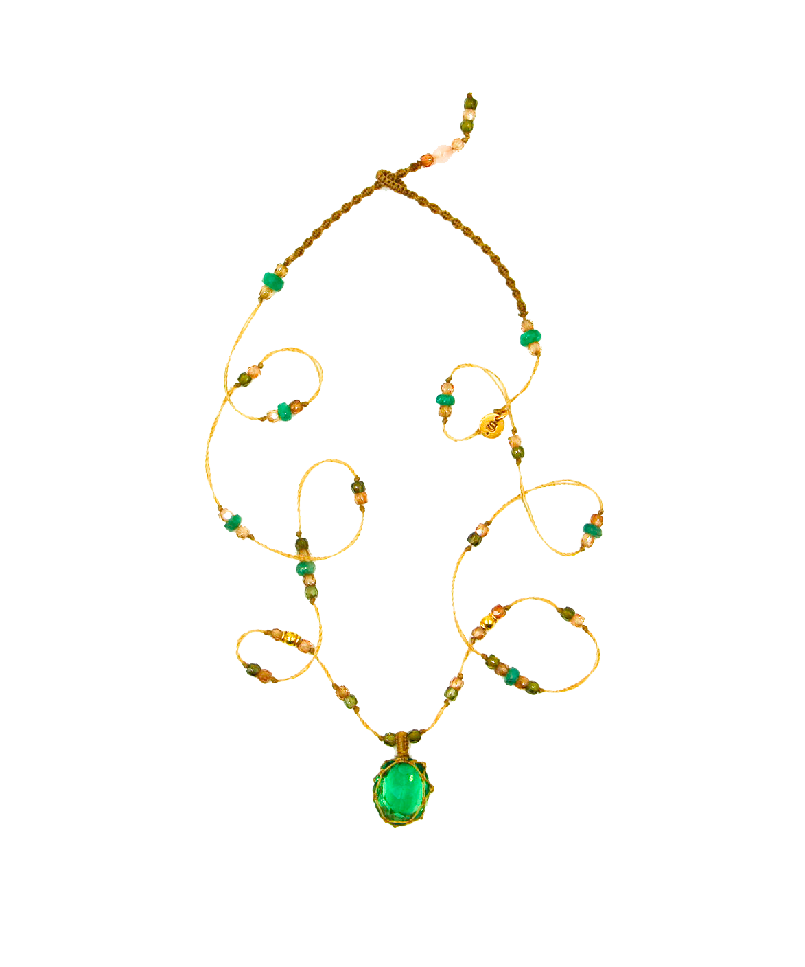So Precious Tibetan Short Necklace - Green Fluorite - Chrysoprase Mix - Beige Thread