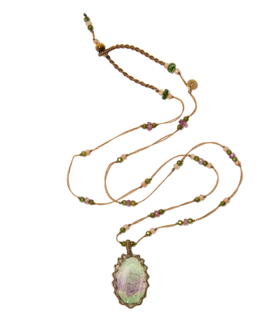 Collier Court Tibétain - Fluorite Rainbow - Mix Tourmaline Rose - Fil Tabac