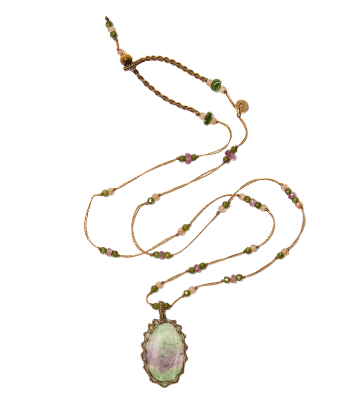 Collier Court Tibétain - Fluorite Rainbow - Mix Tourmaline Rose - Fil Tabac