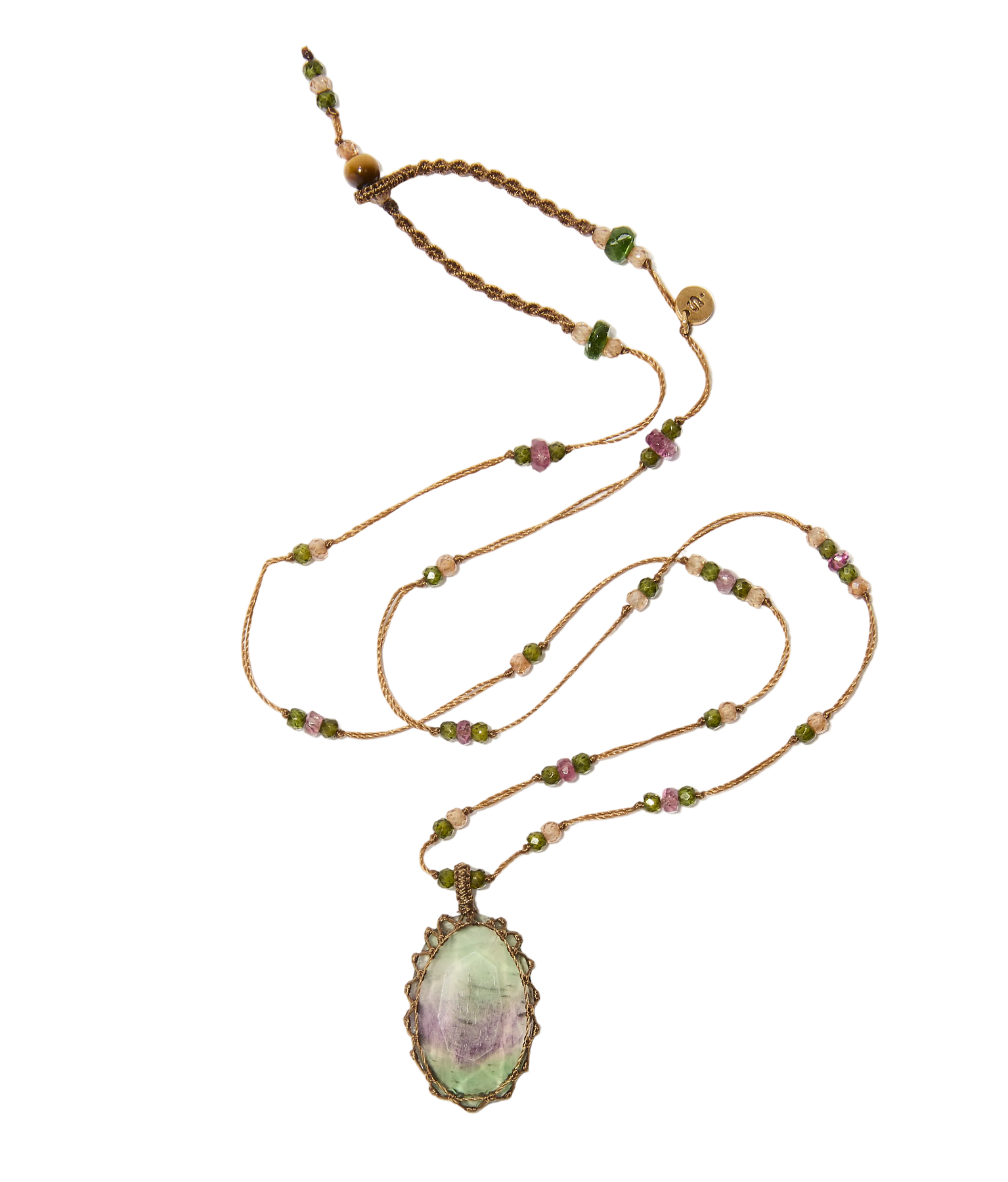 Collier Court Tibétain - Fluorite Rainbow - Mix Tourmaline Rose - Fil Tabac