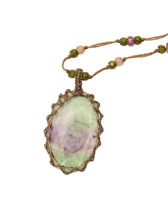 Collier Court Tibétain - Fluorite Rainbow - Mix Tourmaline Rose - Fil Tabac