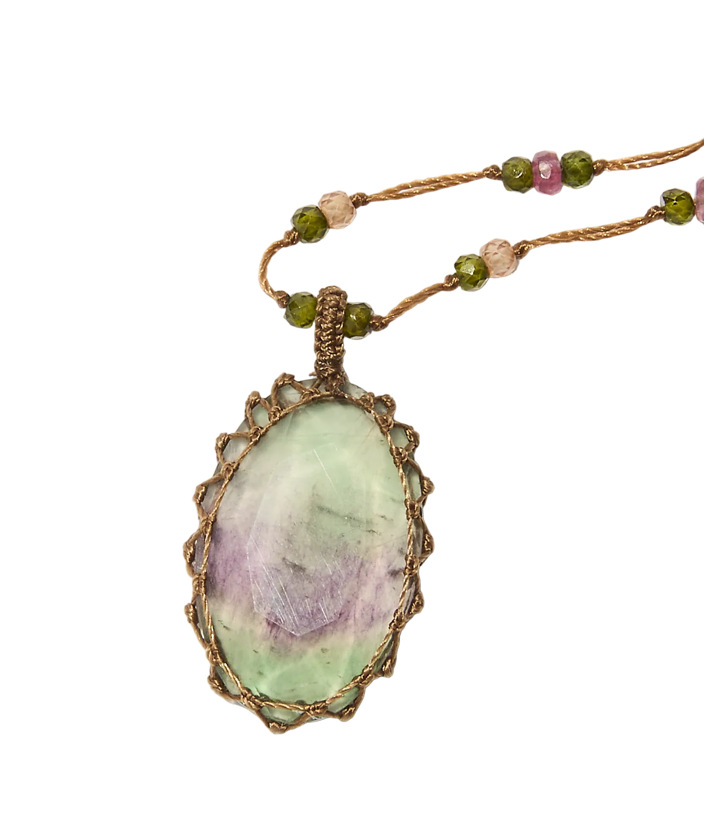 Collier Court Tibétain - Fluorite Rainbow - Mix Tourmaline Rose - Fil Tabac