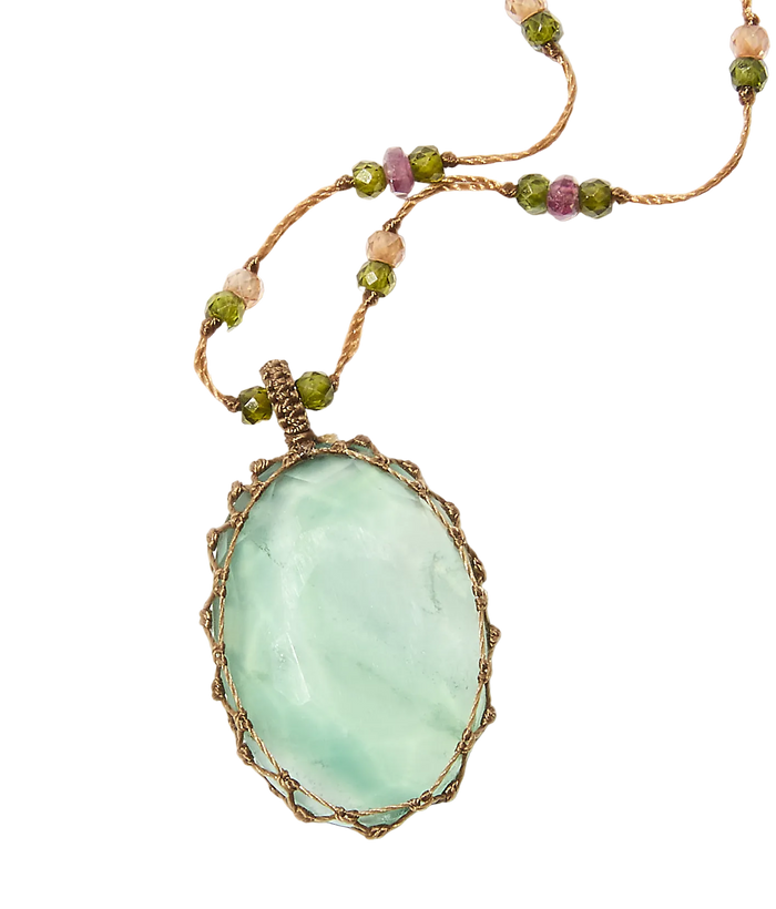 Collier court tibétain - Fluorite Rainbow - Mix Tourmaline Rose - Fil Tabac