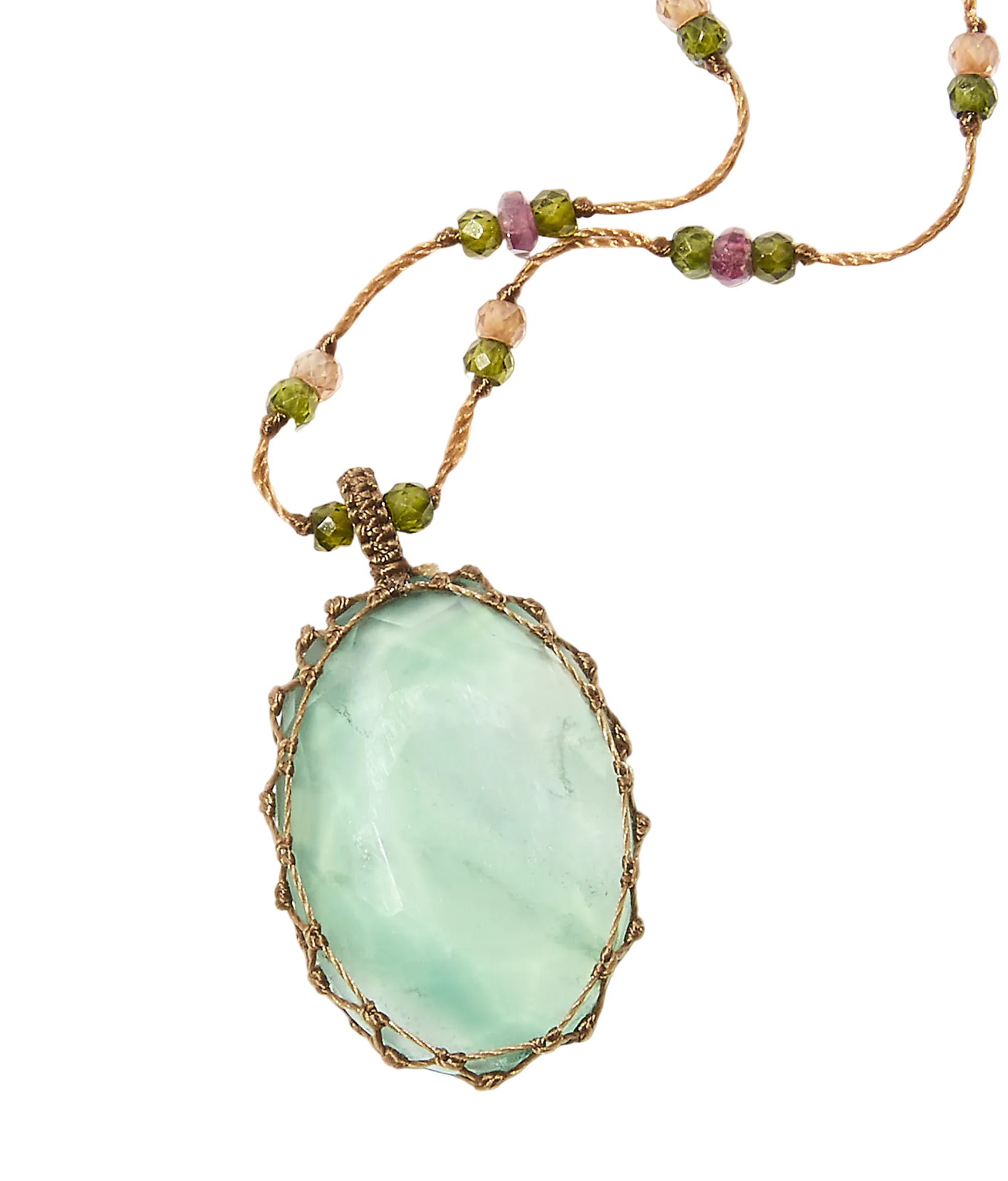 Collier court tibétain - Fluorite Rainbow - Mix Tourmaline Rose - Fil Tabac