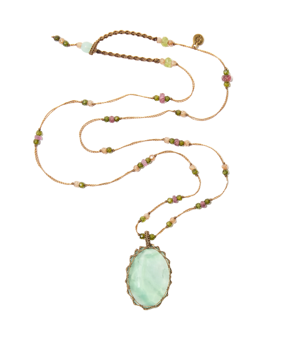 Collier court tibétain - Fluorite Rainbow - Mix Tourmaline Rose - Fil Tabac