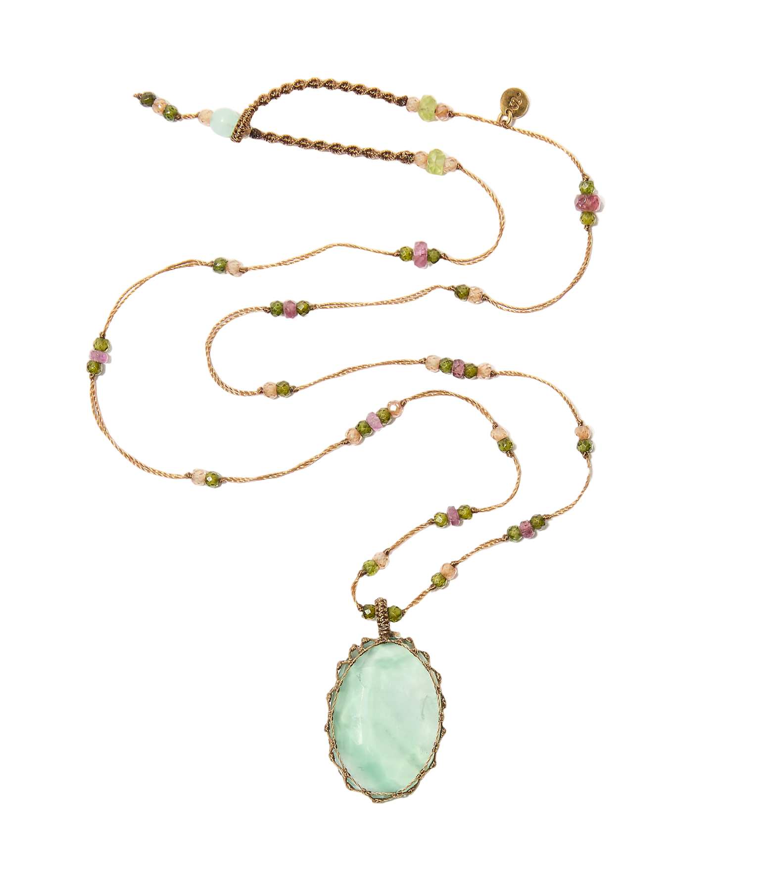 Collier court tibétain - Fluorite Rainbow - Mix Tourmaline Rose - Fil Tabac