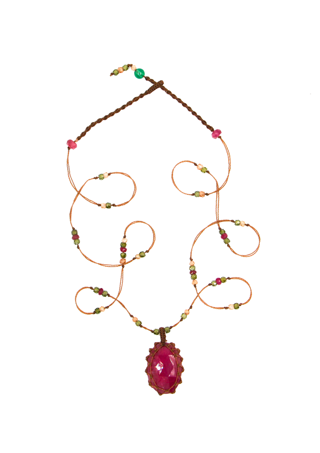 Collier Court Tibétain - Glassfilled Rose - Mix Tourmaline Rose - Fil Tabac