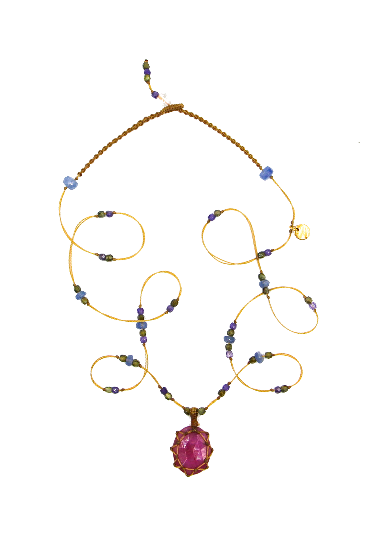 So Precious Short Tibetan Necklace - Glassfilled Rose - Mix Pink Tourmaline - Tobacco Thread