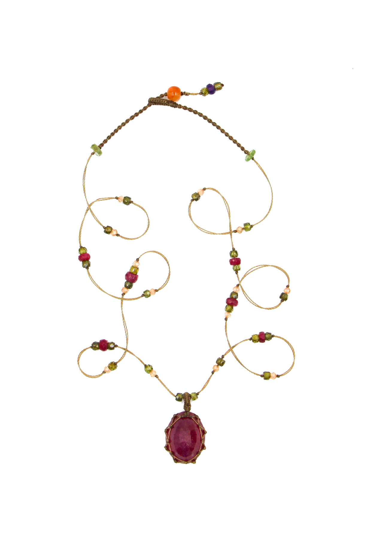 So Precious Short Tibetan Necklace - Glassfilled Rose - Mix Pink Tourmaline - Tobacco Thread