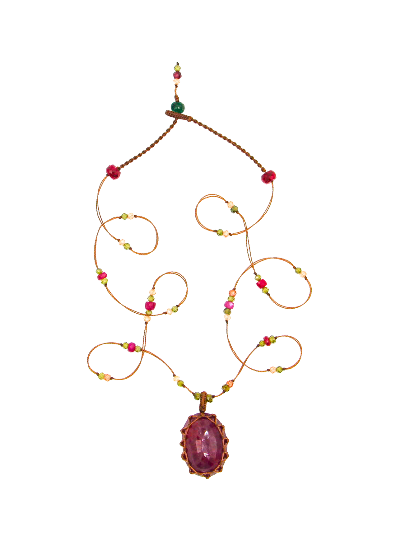 Collier Court Tibétain - Glassfilled Rose - Mix Rubis - Fil Tabac