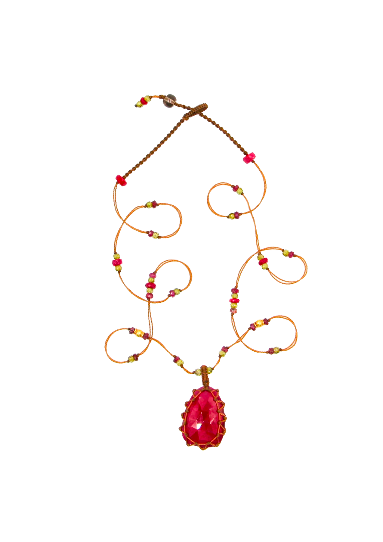 Collana tibetana corta così preziosa - Rosso riempito di vetro - Rubino misto - Filo beige